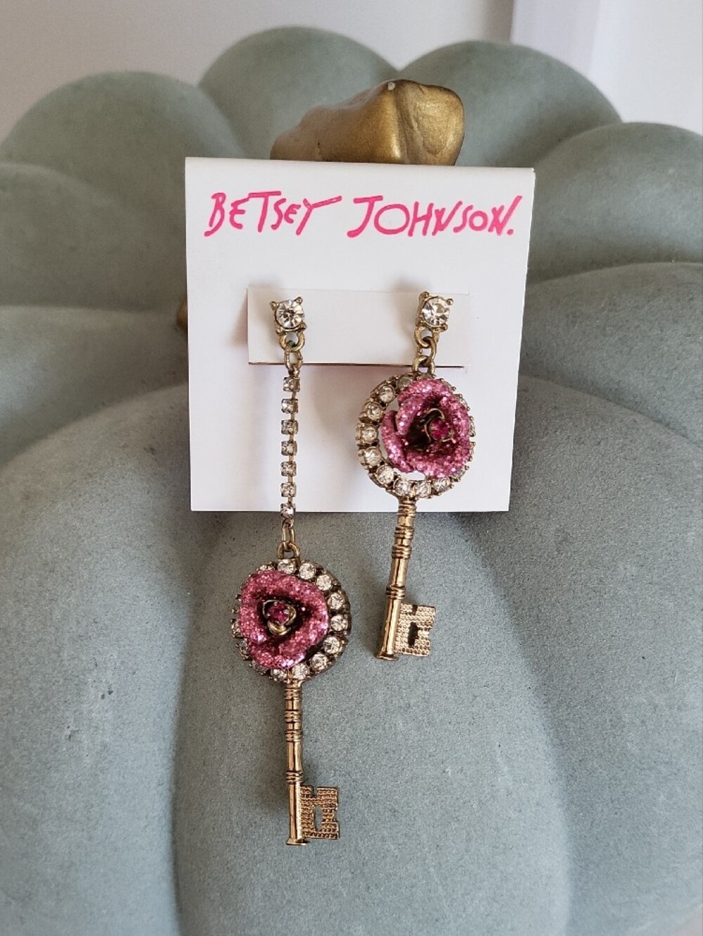 BETSEY JOHNSON Gold Key Drop Earrings with Pink & White Rhinestones